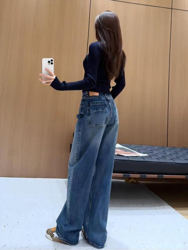 潮感弯刀牛仔裤做旧复古阔腿遮肉显瘦长裤南油女秋季垂感直筒裤|undefined