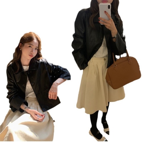 法式短款外套韩版复古黑色翻领皮衣外套夹克