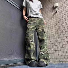 美式复古水洗做旧迷彩割破vibe多口袋工装裤男女直筒微喇牛仔裤男