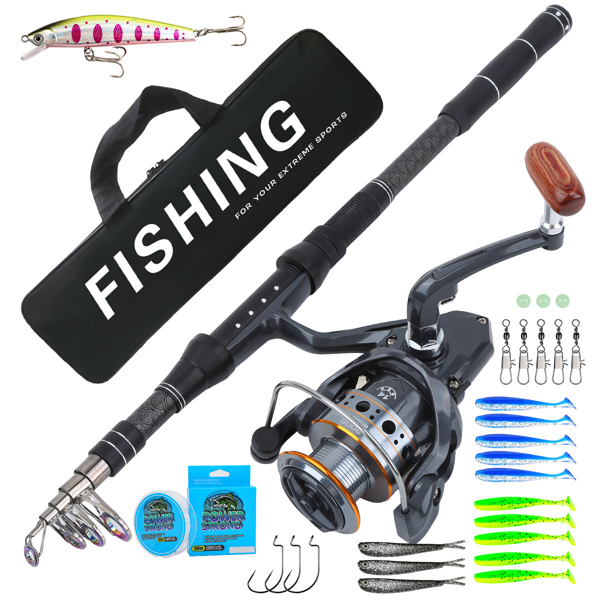1.8M telescopic fishing rod, complete fishing tool set, directly from the factory, made of carbon fiber, includes a full set of artificial lures and fishing gear