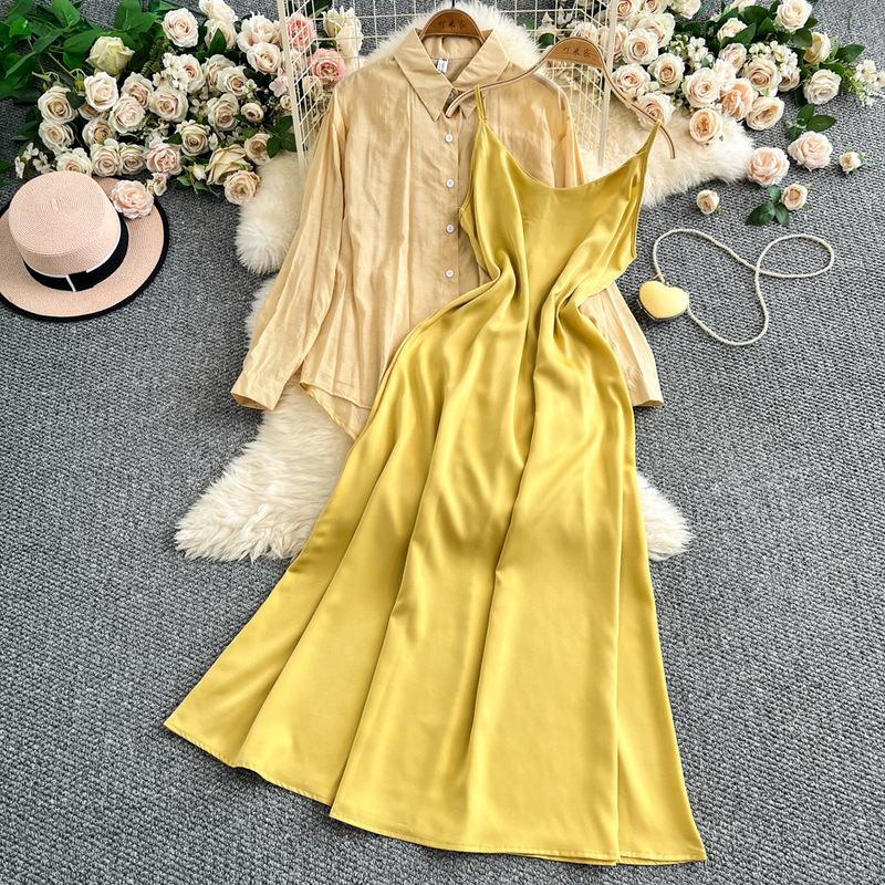 French Style suit Women's 2025 Spring Long Sleeve Lapel Sunscreen Shirt Loose Slimming Sling Satin dress French Style suit Women's 2025 Spring Long Sleeve Lapel Sunscreen Shirt Loose Slimming Sling Satin dress