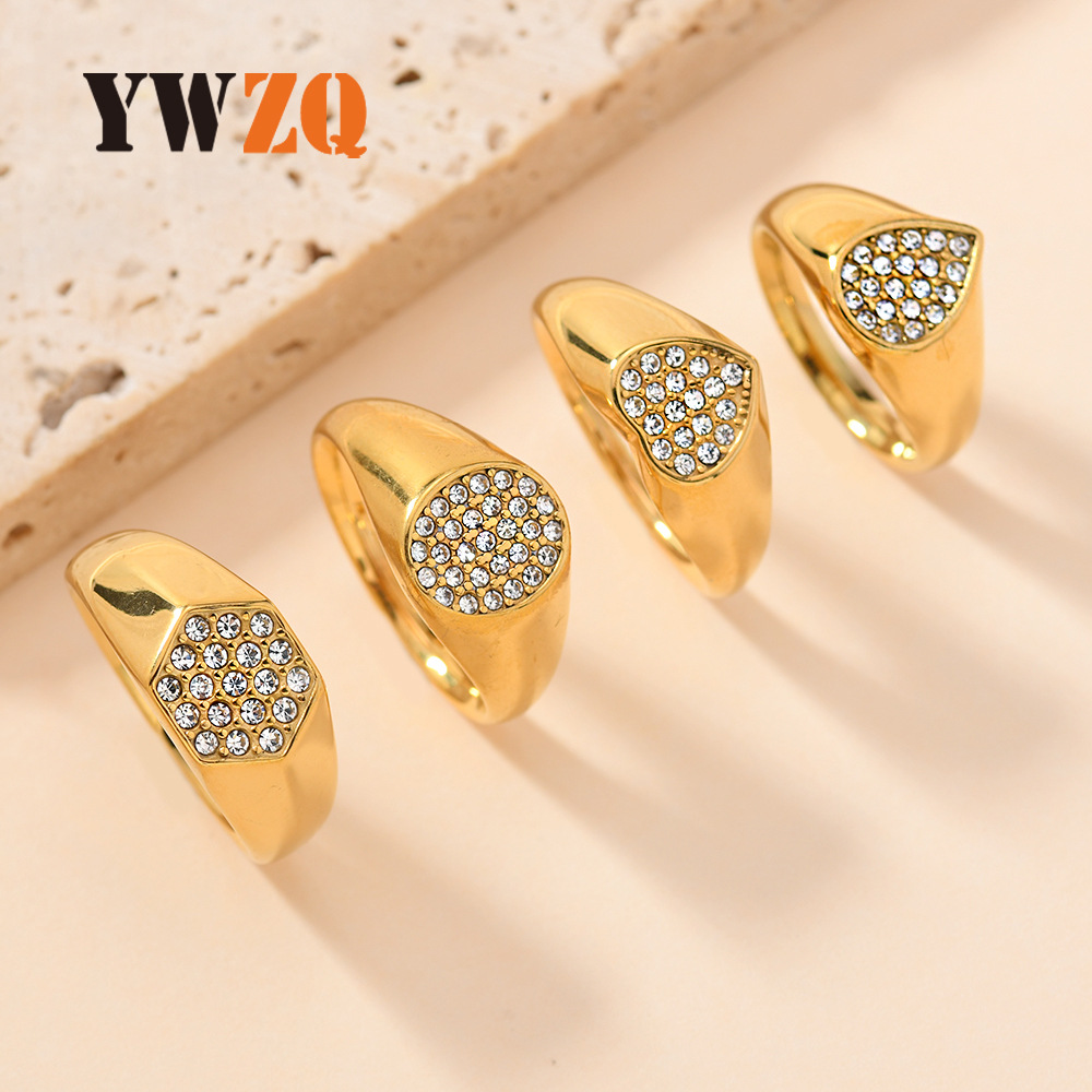 Joyas de fundición de acero inoxidable transfronterizas para mujer, diseño de lujo ligero, anillo de acero de titanio con incrustaciones de diamantes en forma de corazón/hexagonal/gota