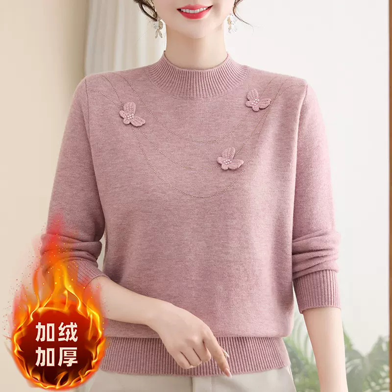中老年女装妈妈冬装宽松洋气保暖针织毛衣秋冬加绒加厚一体绒上衣