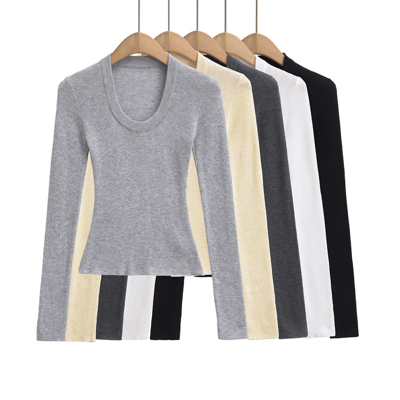 2025 Spring New Style Thin U-Neck Knitted Top for Women's Spice Girls Slim-Fit Slimming Solid Color Knitted T-Shirt