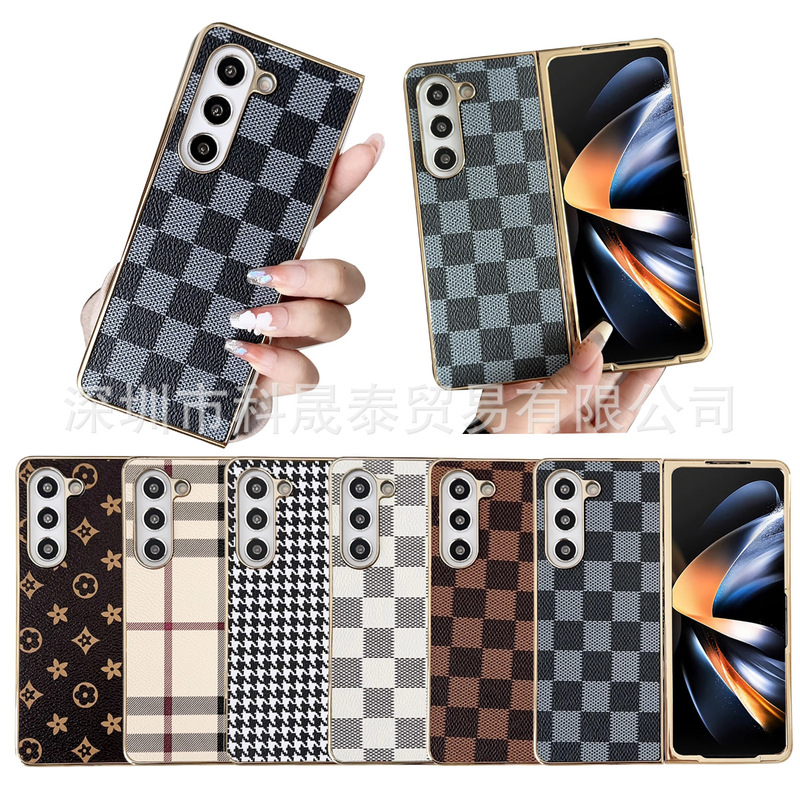 For Samsung Galaxy Z Fold6 Phone Case Folding Plated Print Plaid Leather Pattern Flip Case