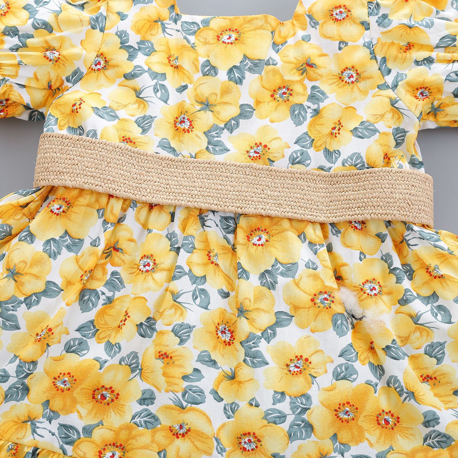 2021 Summer Print Korean Version Cotton Spot Dress Yellow Short Sleeve Girls Dress