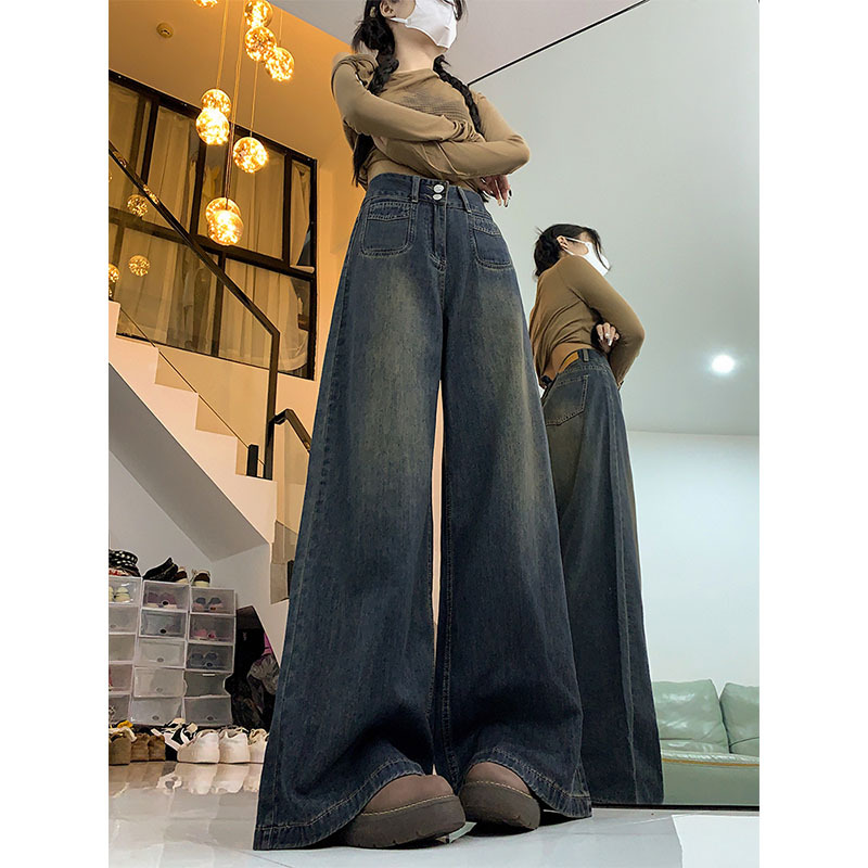 水泥灰阔腿牛仔裤女2025年春秋季高腰垂感显瘦大码宽松直筒拖地裤|undefined