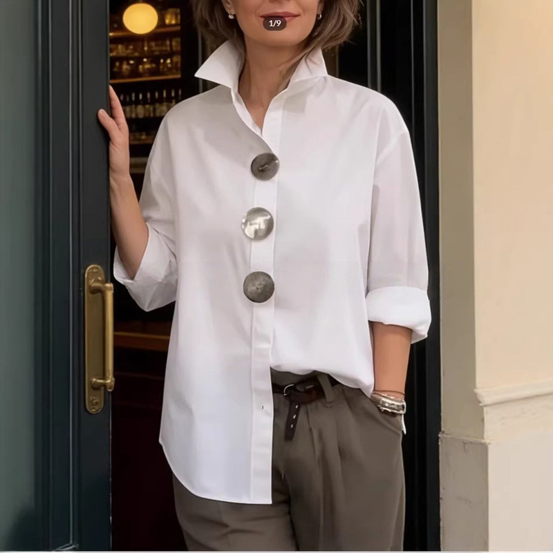 European and American Independent Websites Amazon Aliexpress 2026 Spring and Summer New Solid Color Stand-Up Collar Long-Sleeved Shirt with Metal Buttons