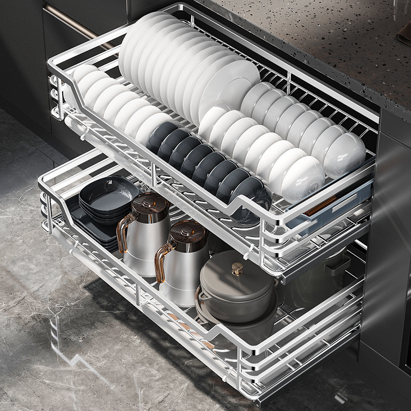 304 Stainless Steel Kitchen Seasoning Pull-Out Basket Cabinet Drawer-Style Dish Rack Double-Layer Solid Storage Bowl Basket with Drainage