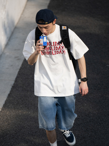 Cross-border Instagram short sleeve t-shirt for men, Hong Kong-style printed round neck t-shirt, Hong Kong-style simple and versatile trendy brand five-point top.