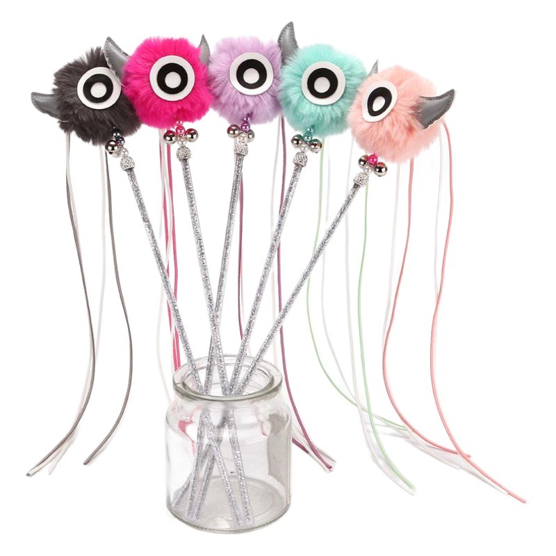 Cruz-frontera Venta caliente mascota gato juguete divertido gato palo grande ojo felpa bola borla campana gato divertido varilla diablo divertido gato palo