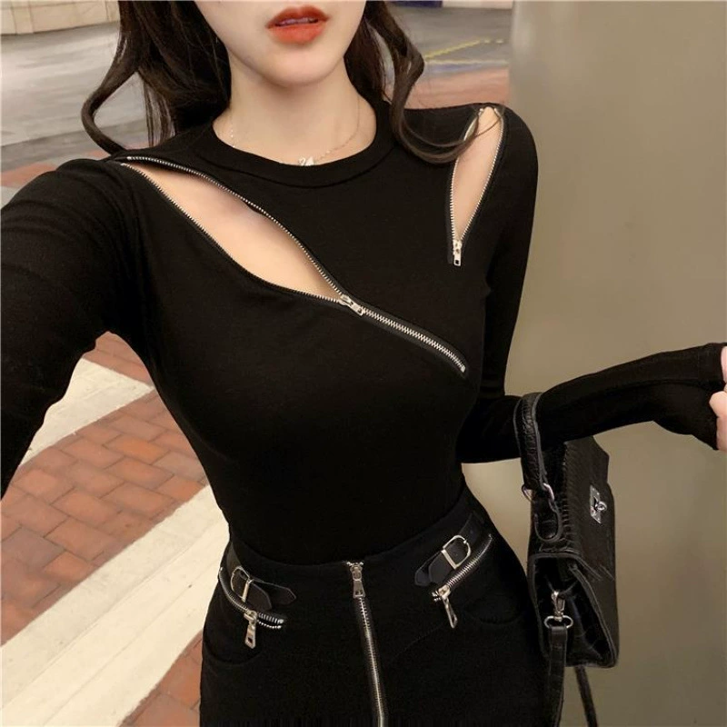 Short base body-friendly long-sleeve with zipper, Korean style, slim fit