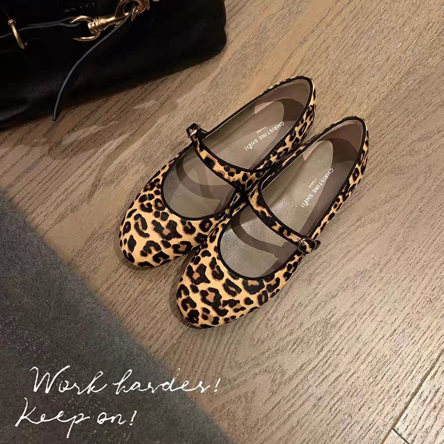 Cowhide Version ~ Xingshengda Leopard Print Flats Mary Jane Flats Women's Granny Shoes Ballet Shoes