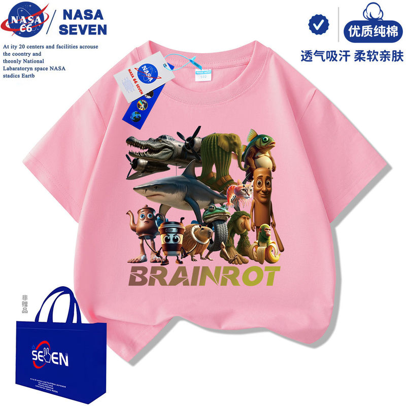 NASA 外山海経サメ忍者半袖ボーイズ 2025 新しいウッドスティックマンピュアコットン Tシャツ中大型子供用トップ|undefined