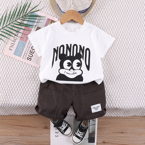 Children's Summer Set of Two Pieces: Cotton T-Shirt and Shorts with Bear Print for Young Boys