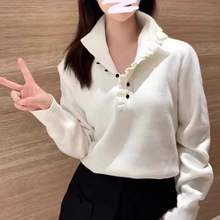法单S家2023年秋冬新款白色木耳边高领宽松长袖纯色针织上衣套头