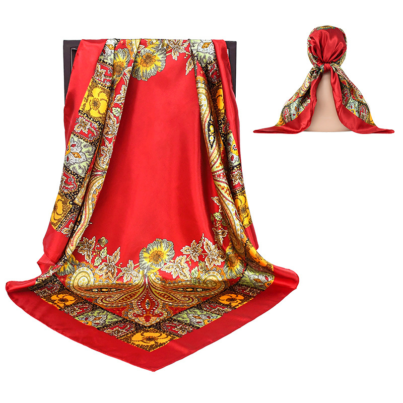 Pañuelo de seda de flor de anacardo con sentido premium retro transfronterizo nuevo pañuelo en la cabeza para damas de moda y elegante 90 pañuelo cuadrado grande
