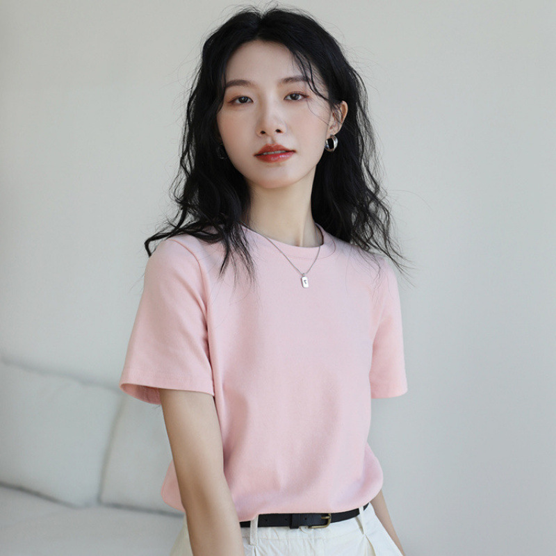 2025 New Loose Cotton Base Shirt All-match Basic Round Neck Pink Shoulder Short-sleeved Women's T-shirt for Summer