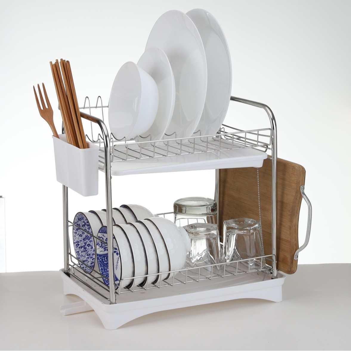 Estante de doble capa de drenaje de la cocina estante de almacenamiento de múltiples capas de gran capacidad de drenaje plato estante de almacenamiento y acabado de la cubierta de la olla