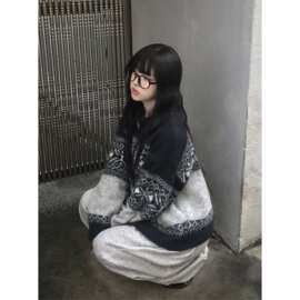 秋天日记 费尔岛雪花针织拉链衫 温柔软糯复古休闲宽松毛衣外套女