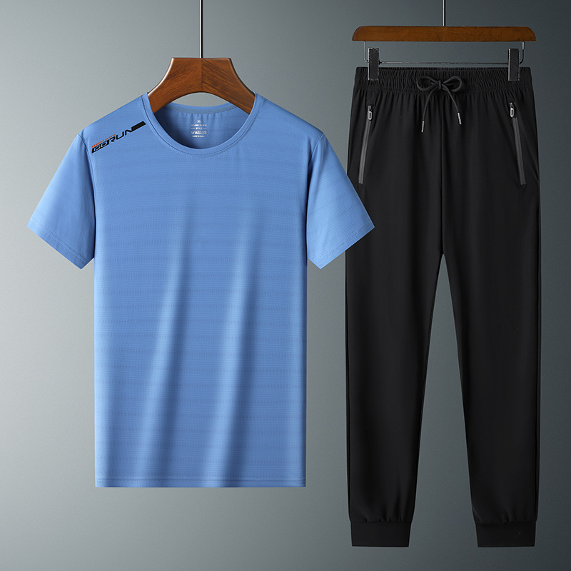 Moda pantalones de seda de hielo cuello redondo Camiseta de dos piezas para hombres talla grande suelta de secado rápido traje deportivo LOGO se puede formular