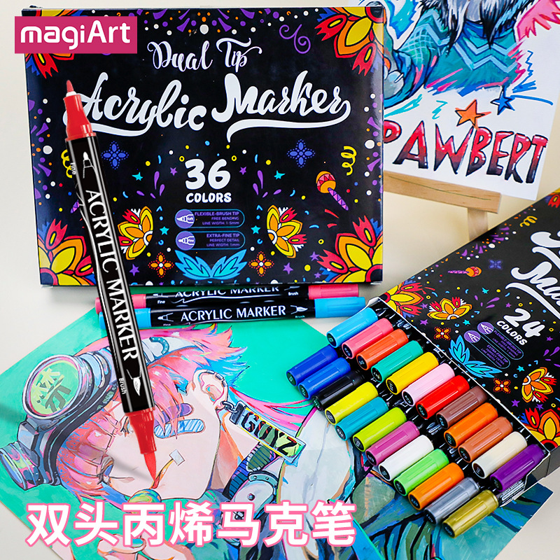 Cross-Border Dual-Tip Acrylic Markers, Stackable Color Pens, One Soft and One Hard Tip, Non-Bleed, Waterproof, Non-Fading Acrylic Pens