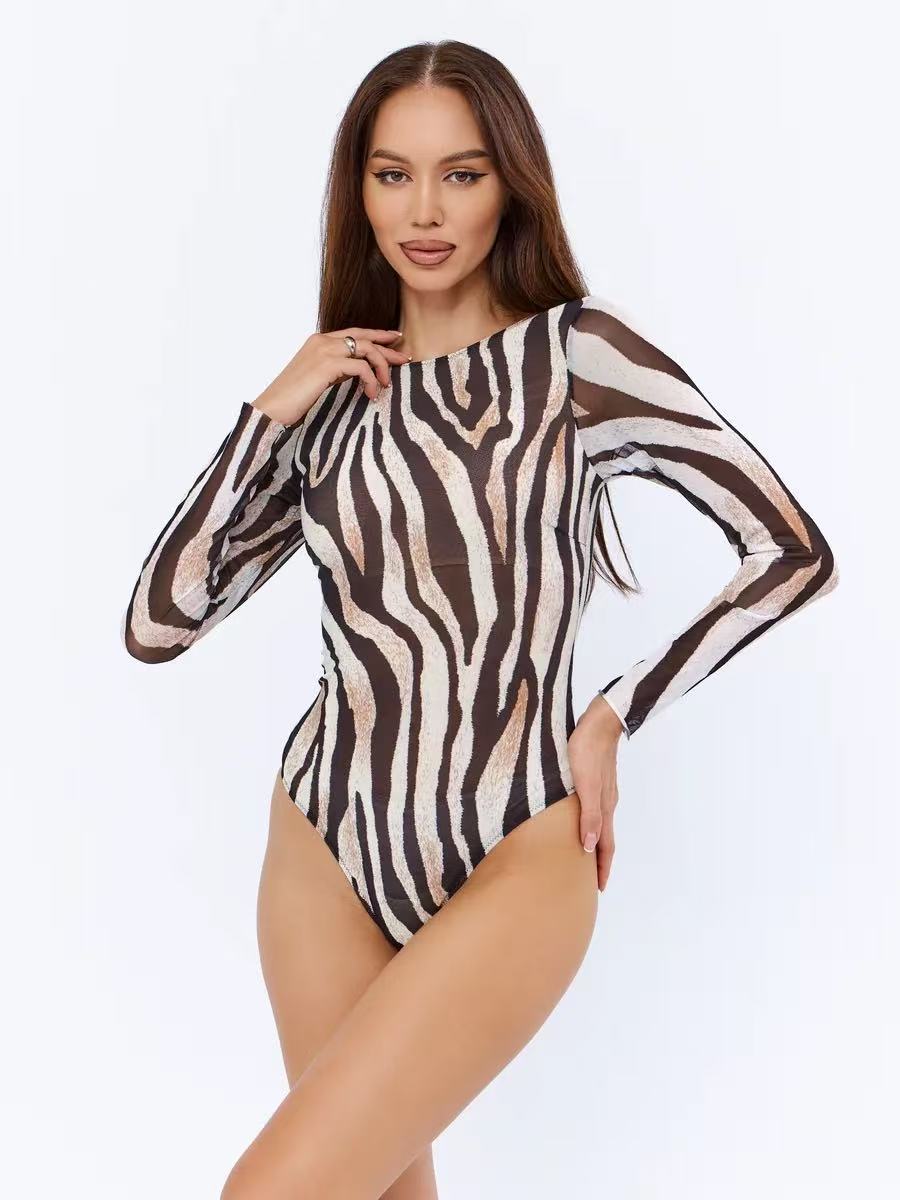 2026 nueva moda europea y americana impresión de malla de manga larga trajes de baño de mujer swimkupanik