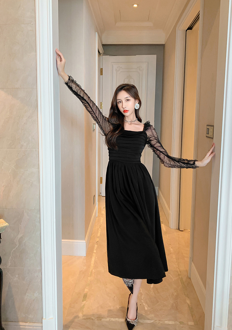 Váy đen ngắn kiểu Hepburn phối lưới tay bồng cổ vuông eo xếp ly — Màu đen chi tiết 17