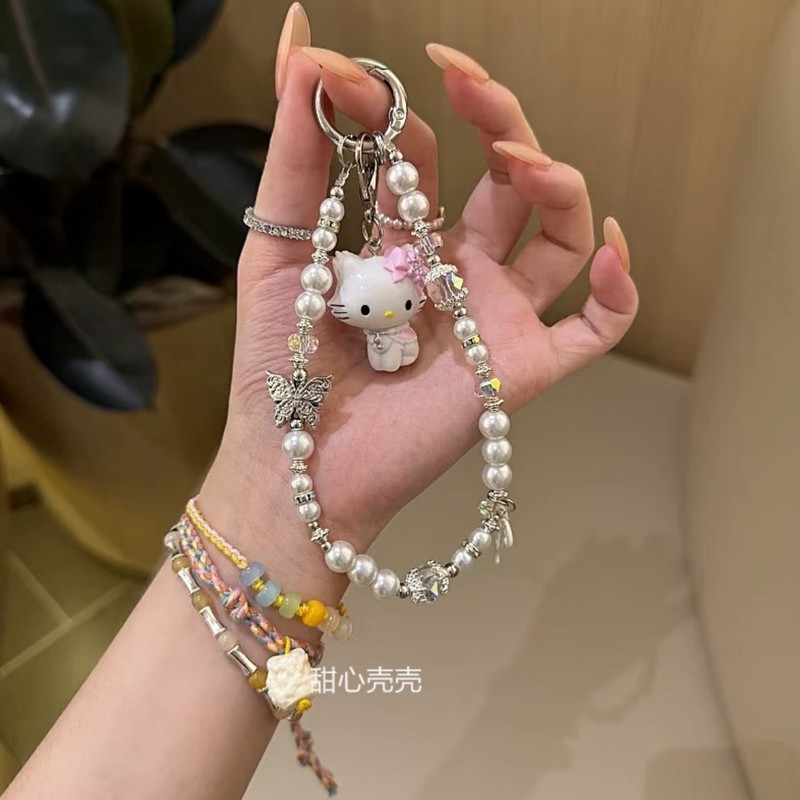 ins风粉色蝴蝶kt猫公仔手机链少女可爱挂链新款链条手工串珠包挂|undefined