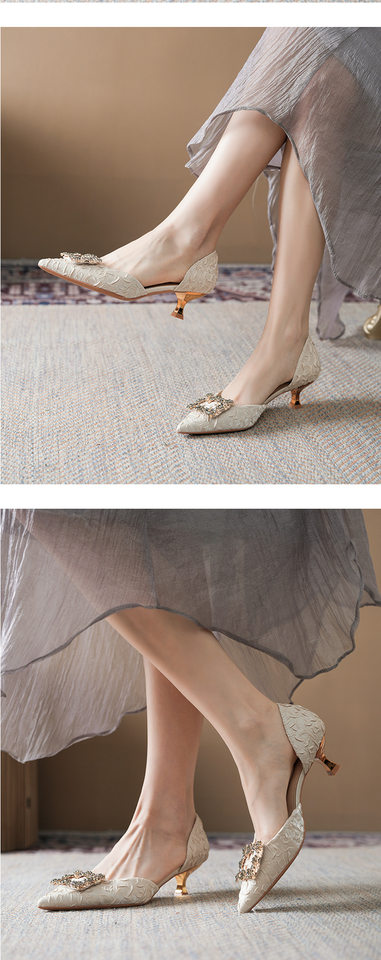 Giày cao gót nữ mũi nhọn khoét hở gót, khóa đính đá, gót 6–8 cm — Màu be, Vàng hồng, Xanh nhạt, màu đỏ chi tiết 10