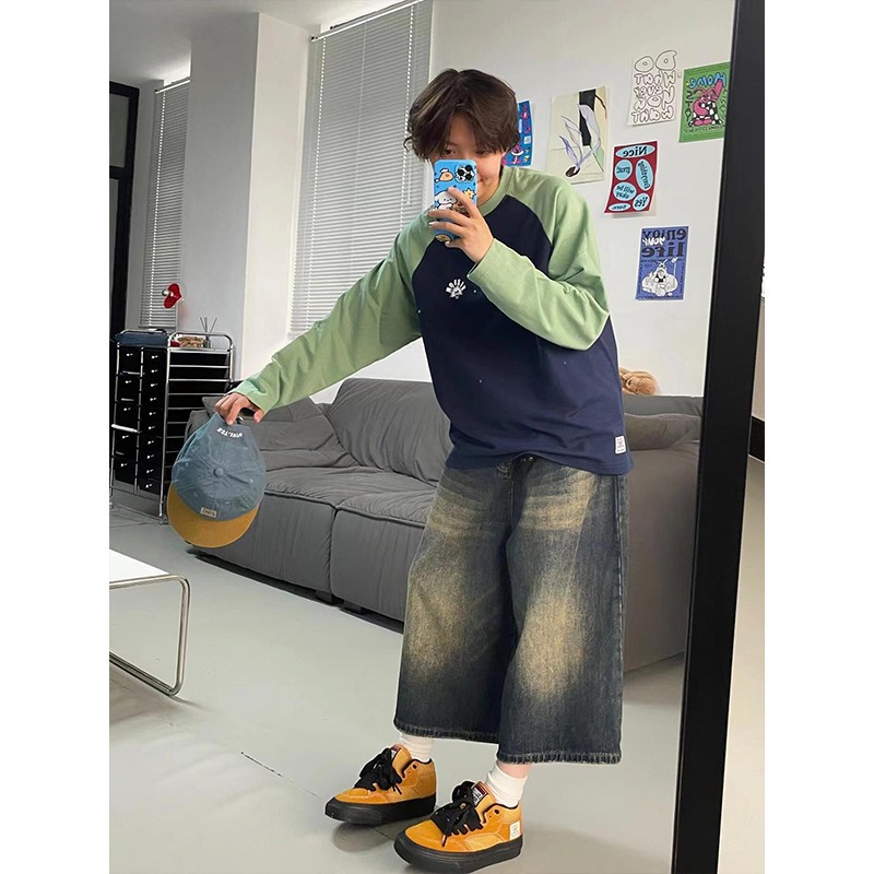 Summer American Retro Distressed Denim Shorts for Men, Cleanfit Niche Versatile Loose Straight Wide-Leg Cropped Pants