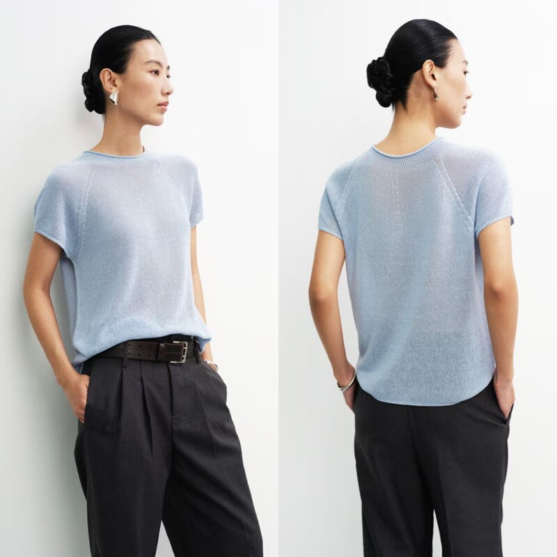 Imported Japanese Paper Yarn! Minimalist, Breathable, Slightly See-Through Short-Sleeve Knit Top with Rolled Edges, Dry and Breathable T-Shirt Imported Japanese Paper Yarn! Minimalist, Breathable, Slightly See-Through Short-Sleeve Knit Top with Rolled Edges, Dry and Breathable T-Shirt