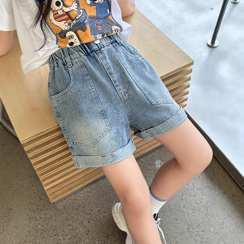 Girls' jeans Celana Pendek Jin Anak new loose and stylish mid-length children's summer rolled-up shorts