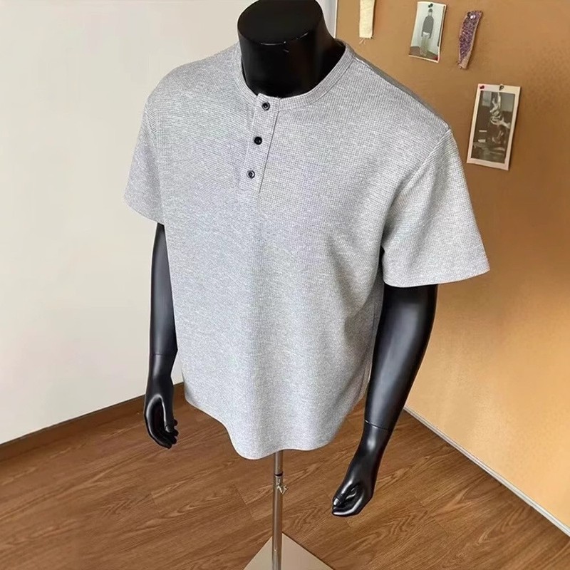 トレンディなブランドトレンディなメンズグレーワッフルヘンリーカラー半袖メンズ夏アメリカンレトロTシャツハイエンドハンサム半袖|undefined