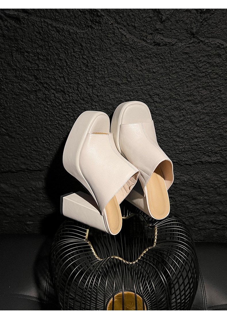 Sandal cao gót nữ mũi hở đế platform da bò thật gót siêu cao 12 cm — màu đen, màu trắng ngà chi tiết 17