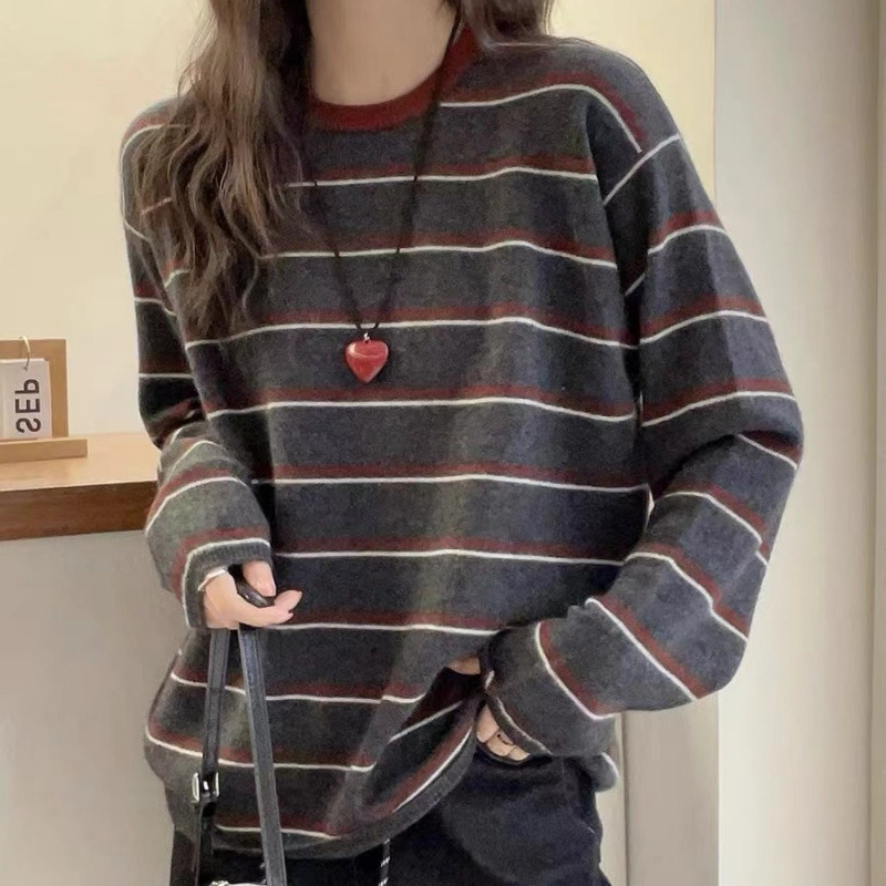 撞色条纹细羊毛针织衫女欧洲站2025早秋新款欧货女装慵懒风小衫潮