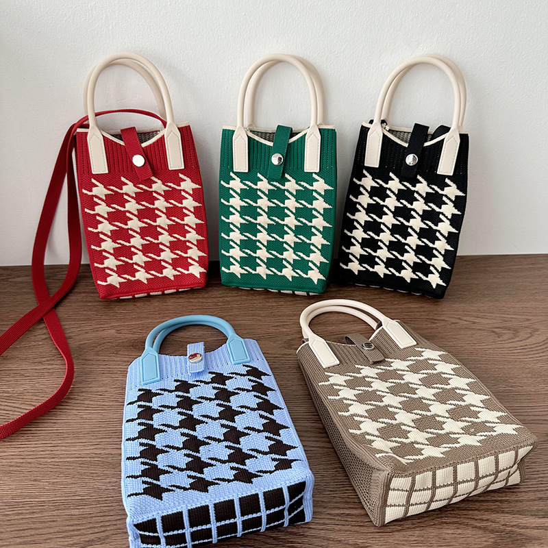 Nicho de diseño de color contraste mil pájaros tejido mini bolso de teléfono móvil coreano versátil para viajar a la calle bolso de hombro para mujeres