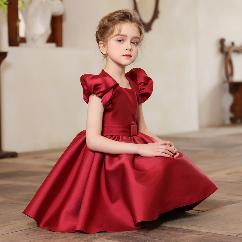 Nuevo vestido de vestir para niños, vestido de princesa con mangas abullonadas para niñas europeas y americanas transfronterizas, vestido de satén para niños, traje de fiesta de alta gama