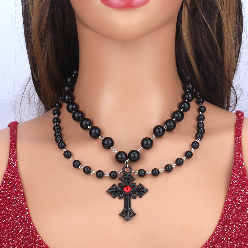 Collier avec pendentif en forme de croix et de perles pour Halloween, style punk hip-hop, personnalité sombre_voghion.com