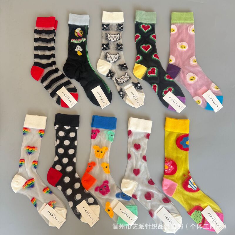 HappySocks Crystal Silk Women's Fashionable Brand Mid-tube Socks Summer Cute Transparent Anti-hook Silk Glass Silk Flower Fashionable Socks HappySocks Crystal Silk Women's Fashionable Brand Mid-tube Socks Summer Cute Transparent Anti-hook Silk Glass Silk Flower Fashionable Socks