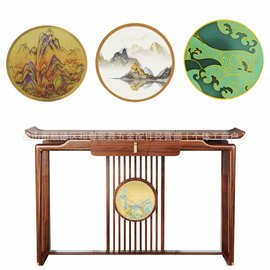 玄关装饰画禅意雕花圆盘定Z山水背景片新中式茶台不锈钢装饰片