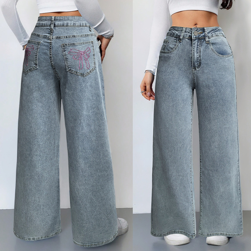 Cross-Border 2026 Spring/Summer American-Style Loose High-Waisted Wide-Leg Jeans with Pink Bow Embroidery on the Back Pocket Cross-Border 2026 Spring/Summer American-Style Loose High-Waisted Wide-Leg Jeans with Pink Bow Embroidery on the Back Pocket