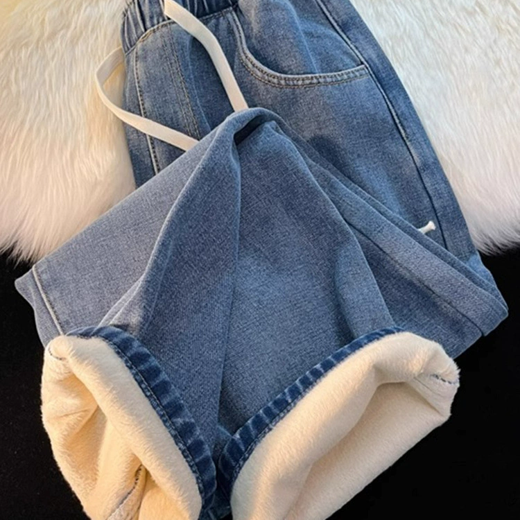 Женские джинсы с флисовой подкладкой, прямые, утепленные, новая модель 2025 года, для миниатюрных женщин, широкие штанины, на резинке, осенне-зимние брюки