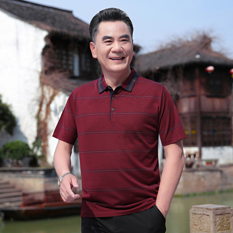Middle-aged and elderly short-sleeved men's summer knitted T-shirt lapel men's striped thin T-shirt summer imitation ice silk short-sleeved