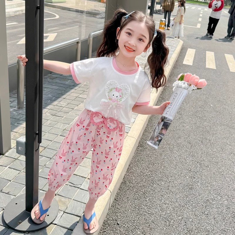 Mädchen 2024 neue Kinder lässig Western-Stil dünne Stil Baby Kurzarm Mückenschutz Hose zweiteiliges Set Sommer_voghion.com