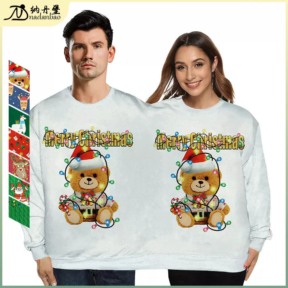 厂家批发圣诞连体情侣装长袖卫衣宽松圆领圣诞数码印花表演服女装