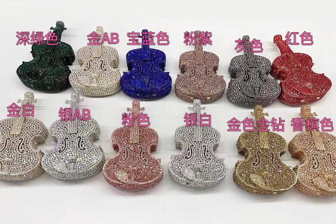 Túi clutch nữ đính đá rhinestone hình vĩ cầm dự tiệc — Vàng cà phê chi tiết 2