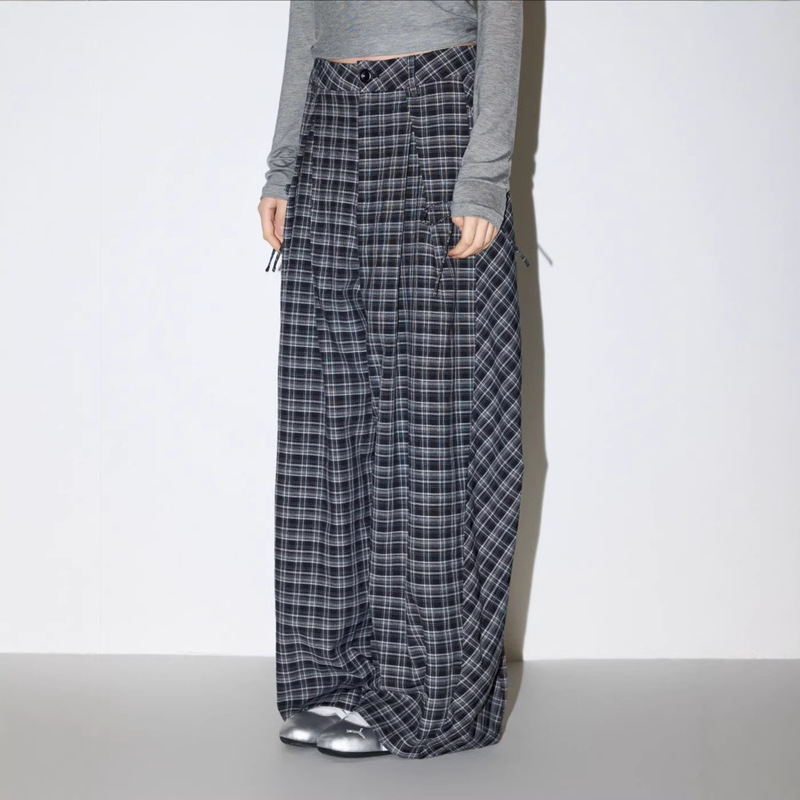 Moodber American Retro Classic Plaid Trousers for Women, Spring and Summer Lazy Loose Casual Wide-Leg Floor-Length Pants
