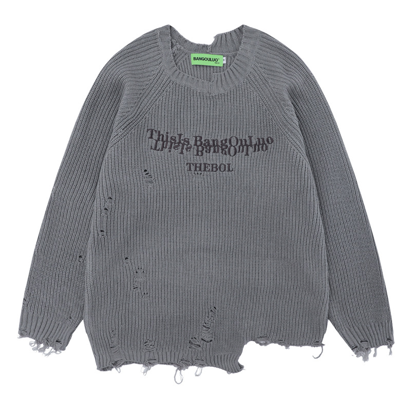 National Trend Hip-hop Asymmetrical Hem Ripped Knitwear Men's Retro Street Trendyy Stylish Loose Lazy Style Knitwear