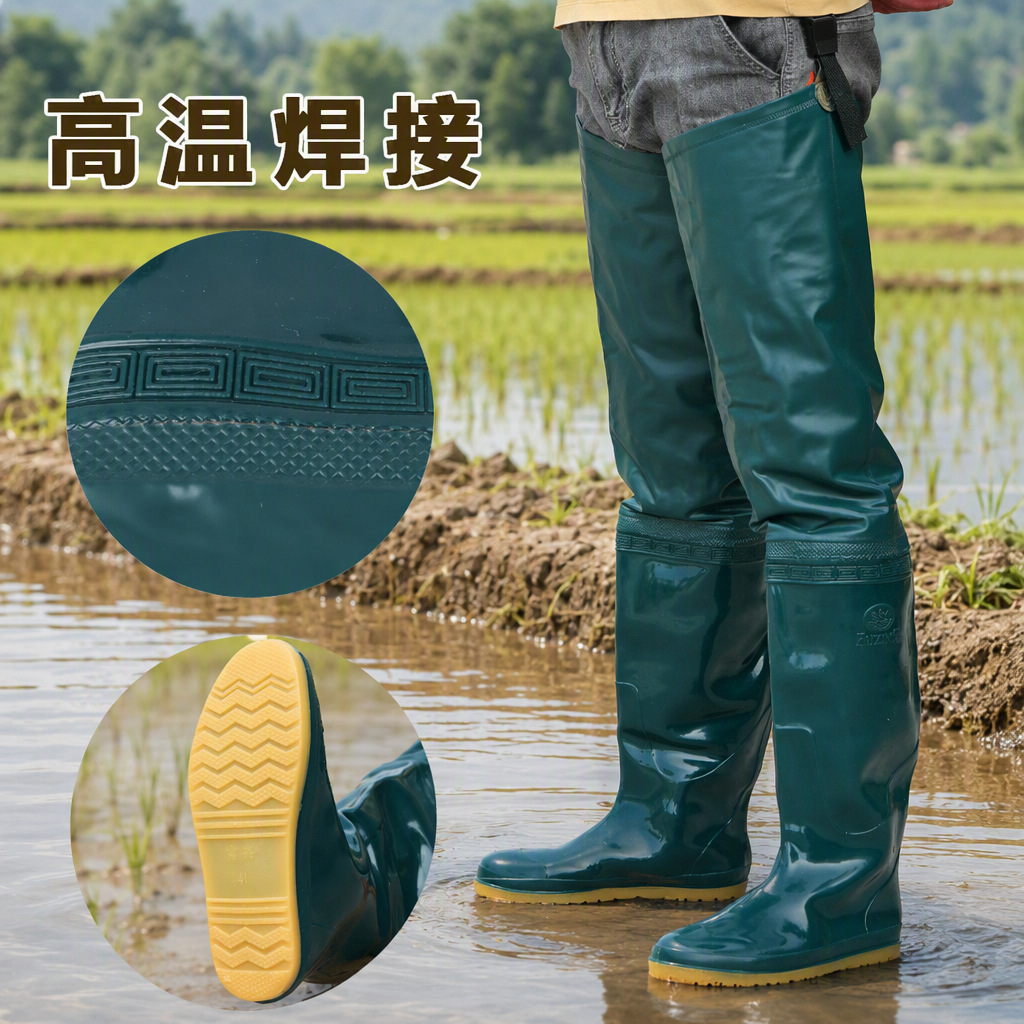 Long Tube Over-the-Knee Rice Planting Rain Boots Men's One-piece Bow Bottom Thickened Wading Pants Waterproof Half-length Rain Boots Waist-length Water Pants